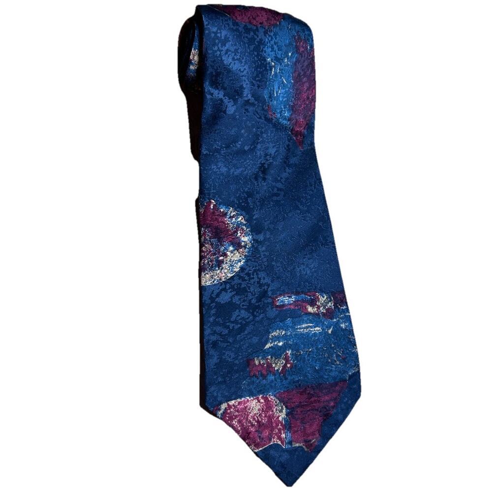 VTG Retro Design Studios Men's Necktie 100% Silk Abstract Floral Navy Blue Red - Picture 3 of 5